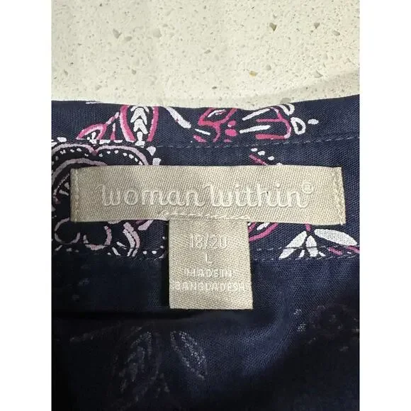 Woman Within Button Up Top L 18/20 Blue Floral 3/4 Sleeves Cotton Mature Casual - Picture 4 of 7